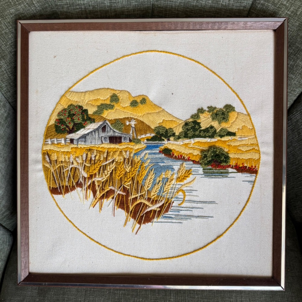 VTG Framed Crewel Embroidery Yellow Farm Mountains Landscape Wall Art Rustic